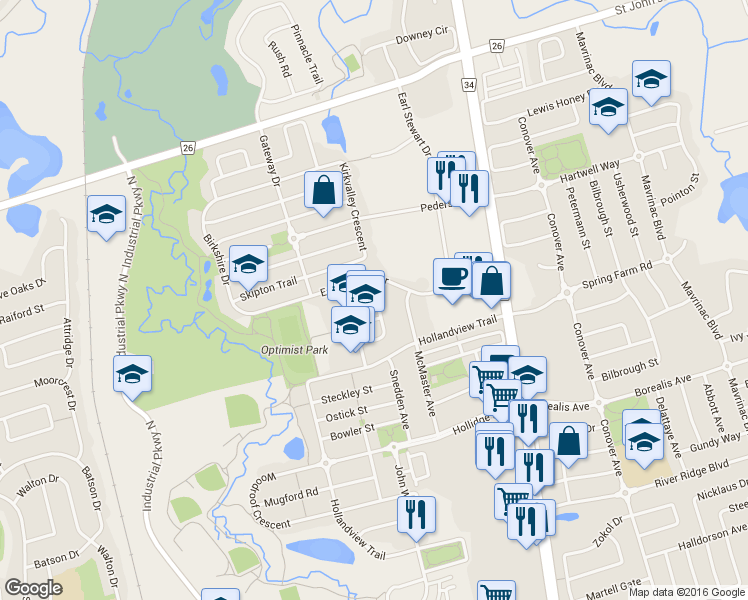 map of restaurants, bars, coffee shops, grocery stores, and more near 85 Watkins Glen Crescent in Aurora