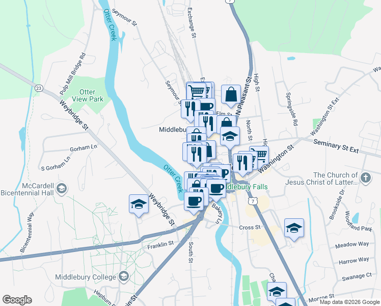 map of restaurants, bars, coffee shops, grocery stores, and more near 63 Maple Street in Middlebury