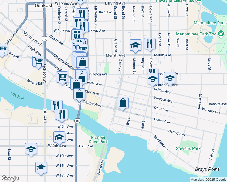map of restaurants, bars, coffee shops, grocery stores, and more near 403 Waugoo Avenue in Oshkosh