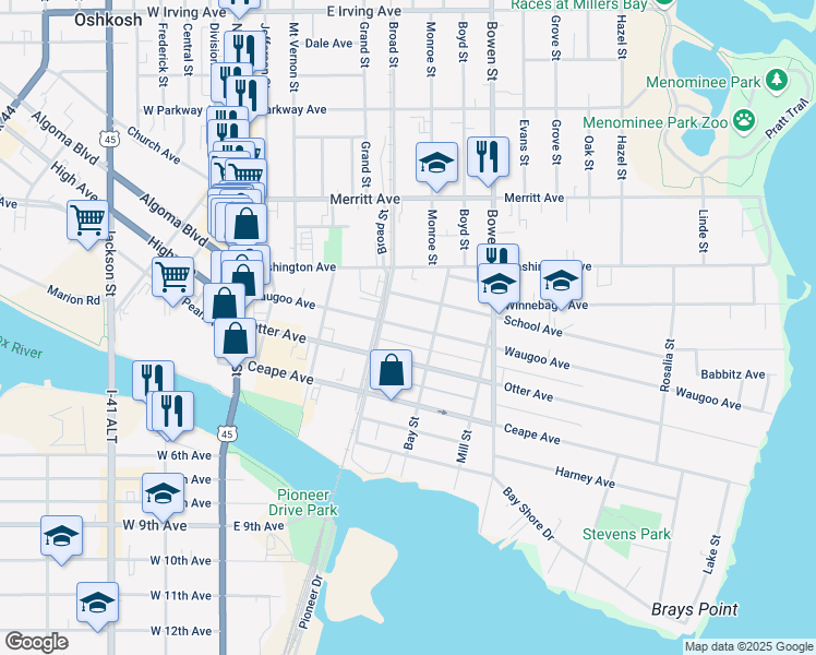 map of restaurants, bars, coffee shops, grocery stores, and more near 525 Waugoo Avenue in Oshkosh