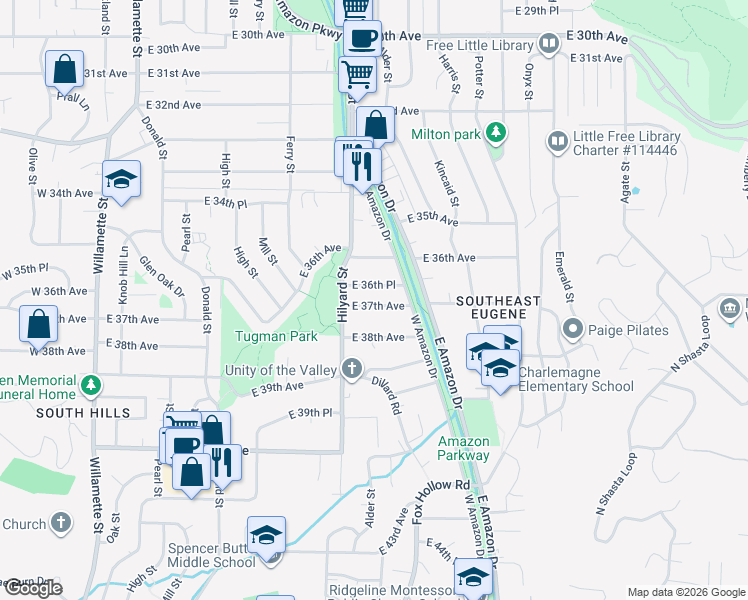 map of restaurants, bars, coffee shops, grocery stores, and more near 795 East 37th Avenue in Eugene