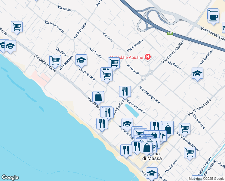 map of restaurants, bars, coffee shops, grocery stores, and more near 8 Via Pontremoli in Marina di Massa