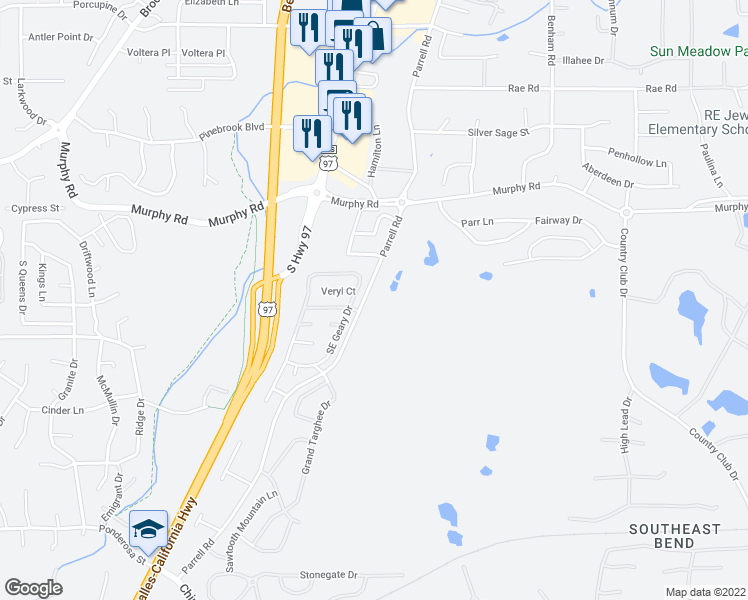 map of restaurants, bars, coffee shops, grocery stores, and more near 61022 Parrell Road in Bend