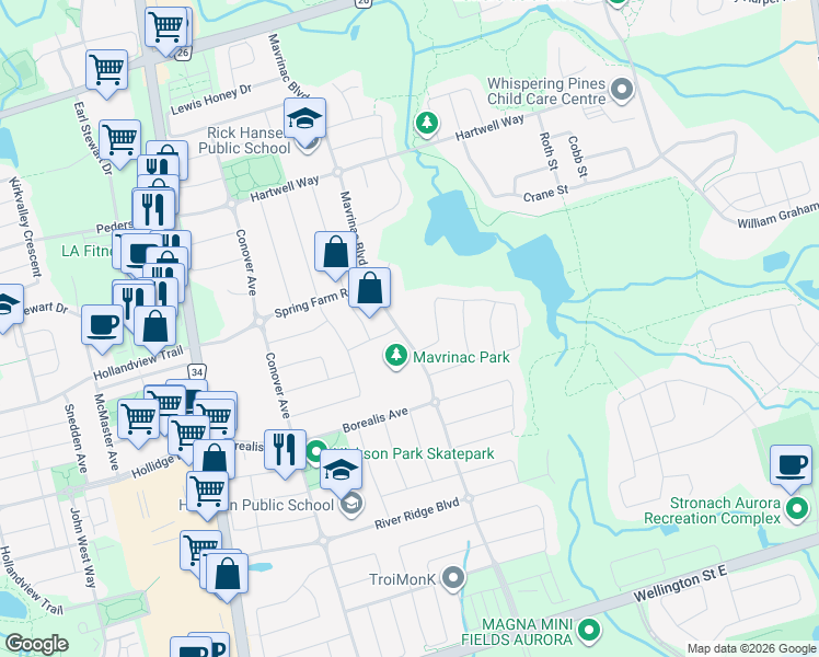 map of restaurants, bars, coffee shops, grocery stores, and more near 293 Mavrinac Boulevard in Aurora