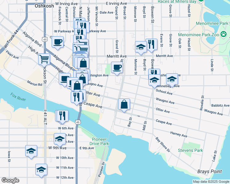 map of restaurants, bars, coffee shops, grocery stores, and more near 403 Waugoo Avenue in Oshkosh