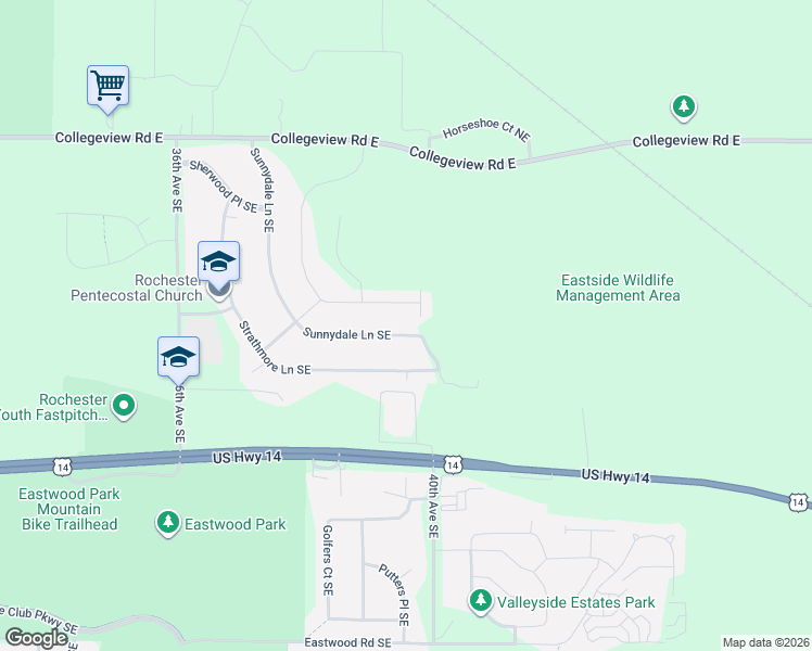 map of restaurants, bars, coffee shops, grocery stores, and more near 3915 Sunnydale Lane Southeast in Rochester