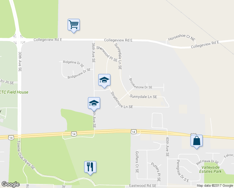 map of restaurants, bars, coffee shops, grocery stores, and more near 608 Strathmore Lane Southeast in Rochester