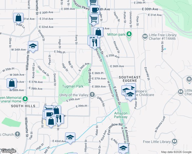 map of restaurants, bars, coffee shops, grocery stores, and more near 765 East 37th Avenue in Eugene