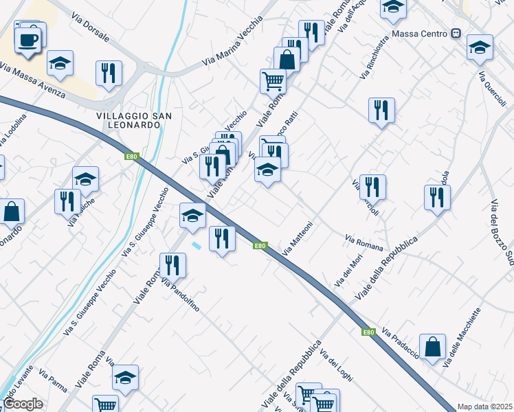 map of restaurants, bars, coffee shops, grocery stores, and more near 5 Via Pietro Maroncelli in Massa