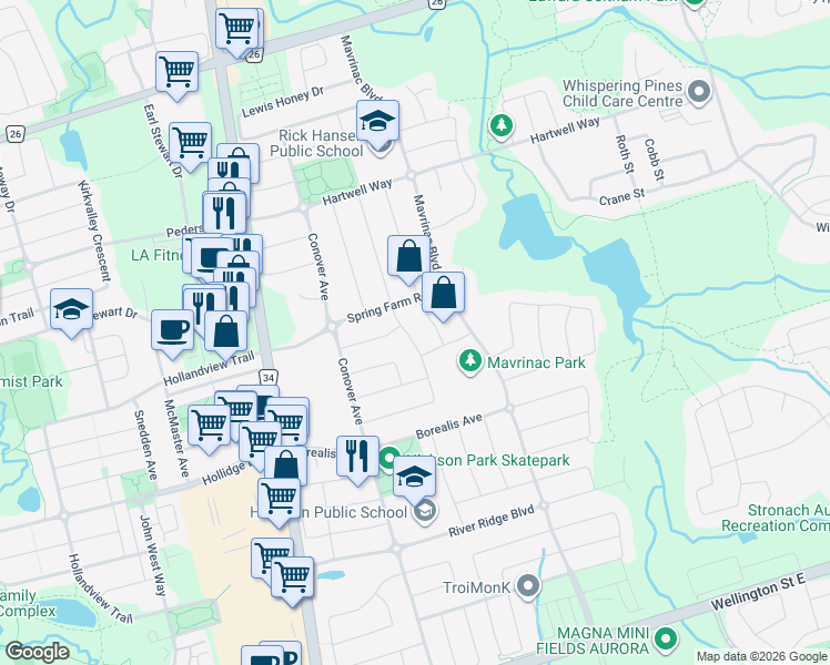 map of restaurants, bars, coffee shops, grocery stores, and more near 157 Bilbrough Street in Aurora