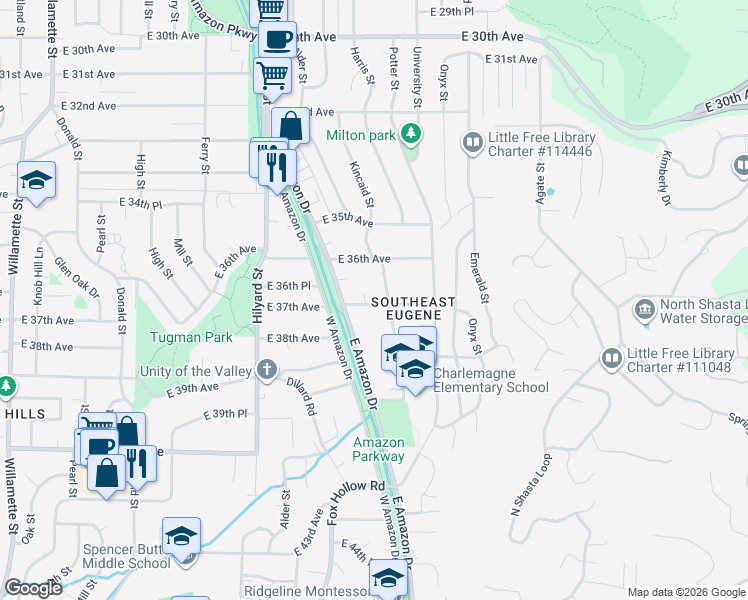 map of restaurants, bars, coffee shops, grocery stores, and more near 977 East 37th Avenue in Eugene