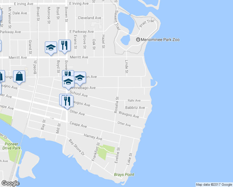 map of restaurants, bars, coffee shops, grocery stores, and more near 341 Rosalia Street in Oshkosh