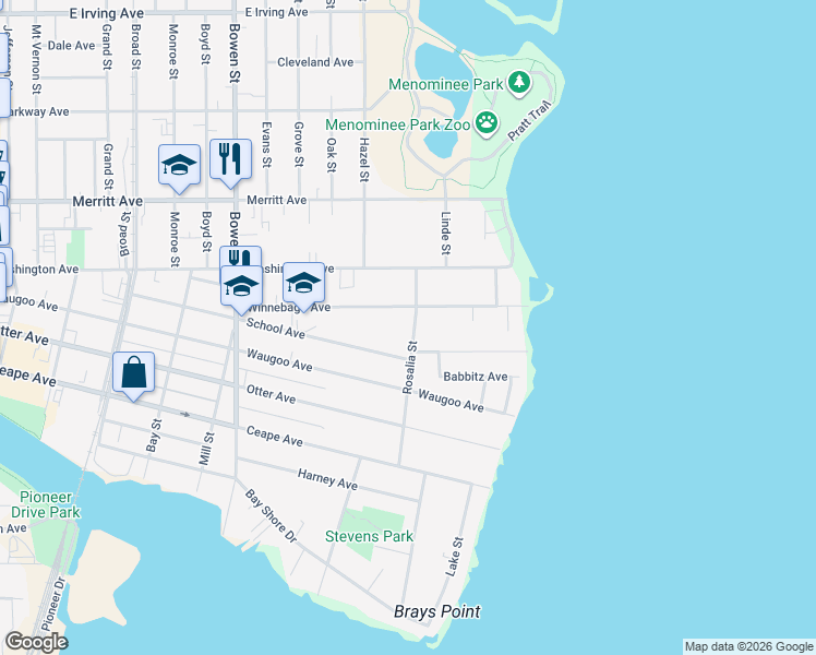 map of restaurants, bars, coffee shops, grocery stores, and more near 341 Rosalia Street in Oshkosh
