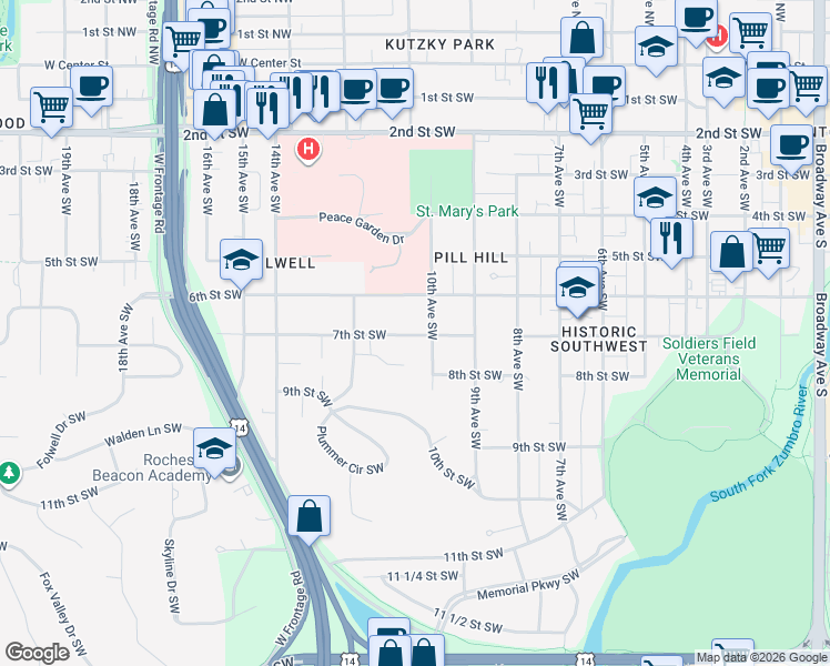 map of restaurants, bars, coffee shops, grocery stores, and more near 1005 7th Street Southwest in Rochester