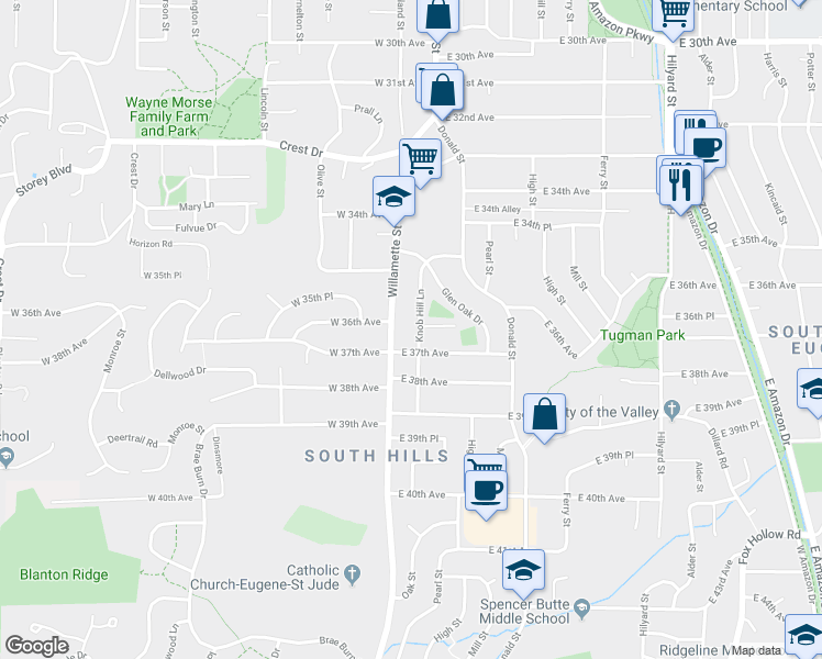 map of restaurants, bars, coffee shops, grocery stores, and more near 3610 Knob Hill Lane in Eugene