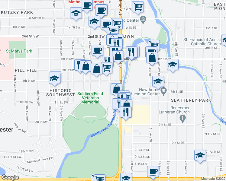 map of restaurants, bars, coffee shops, grocery stores, and more near 626 1st Avenue Southwest in Rochester