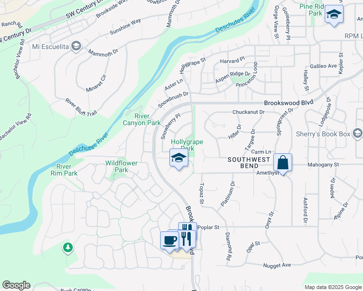 map of restaurants, bars, coffee shops, grocery stores, and more near 19442 Hollygrape Street in Bend
