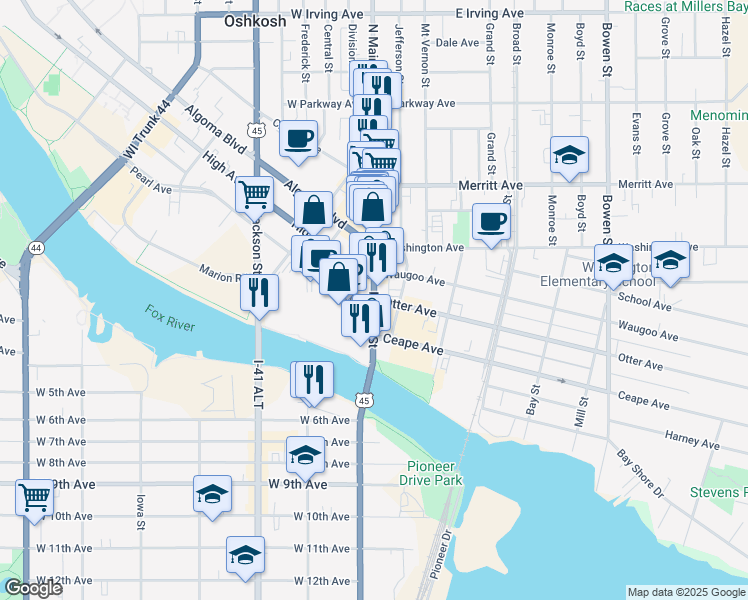 map of restaurants, bars, coffee shops, grocery stores, and more near 1 Pearl Avenue in Oshkosh