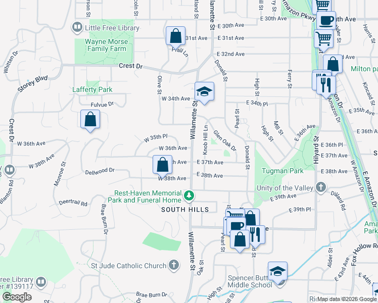 map of restaurants, bars, coffee shops, grocery stores, and more near 3620 Willamette Street in Eugene