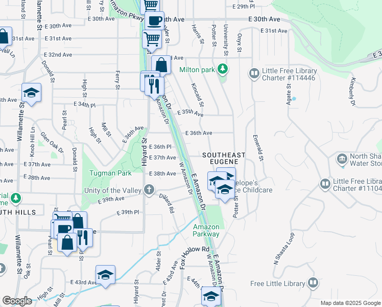 map of restaurants, bars, coffee shops, grocery stores, and more near 3695 East Amazon Drive in Eugene
