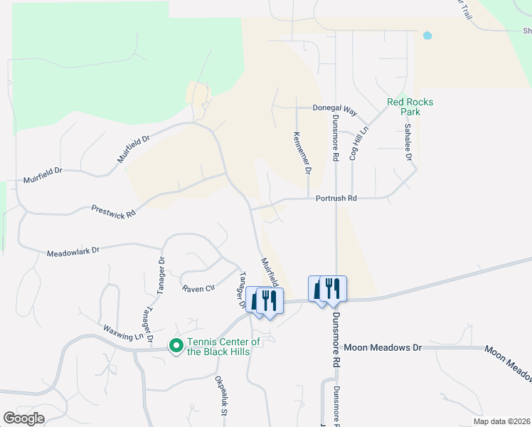 map of restaurants, bars, coffee shops, grocery stores, and more near 4534 Portrush Road in Rapid City