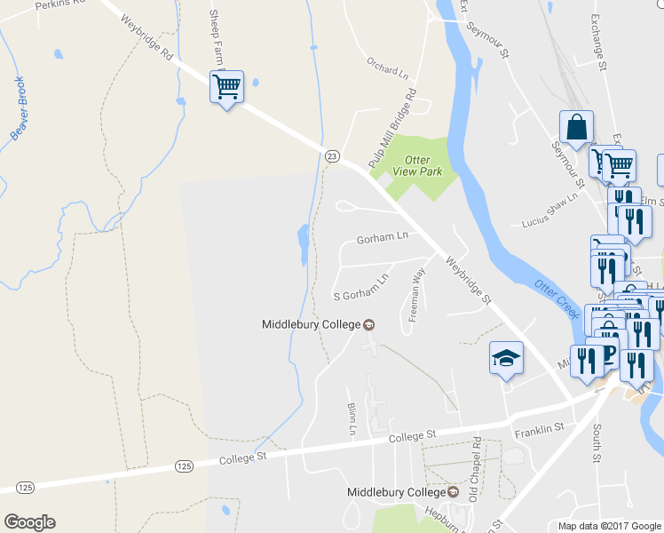 map of restaurants, bars, coffee shops, grocery stores, and more near 20 Gorham Lane in Middlebury
