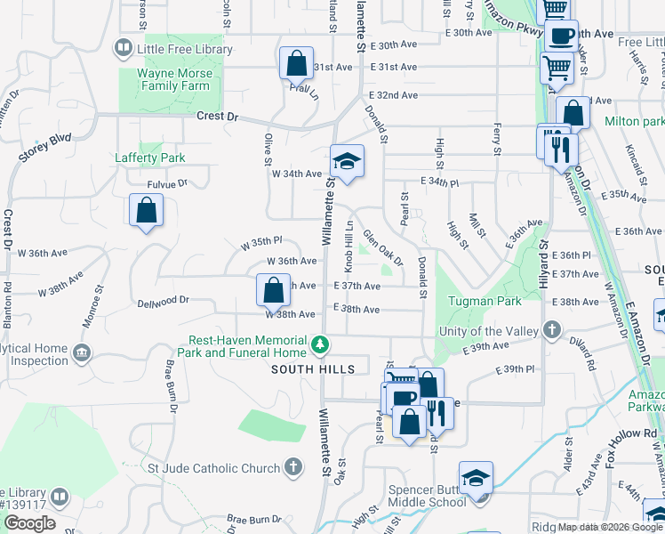 map of restaurants, bars, coffee shops, grocery stores, and more near 3610 Knob Hill Lane in Eugene
