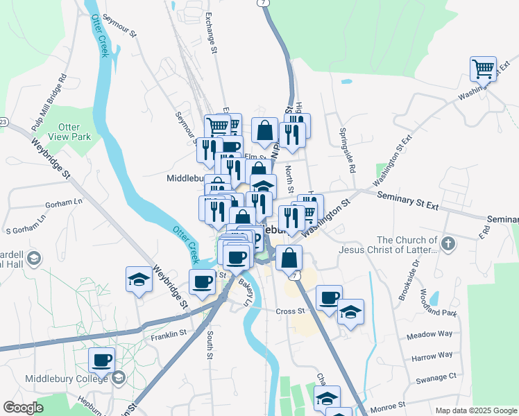 map of restaurants, bars, coffee shops, grocery stores, and more near in Middlebury