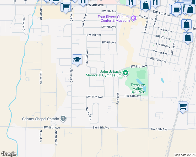 map of restaurants, bars, coffee shops, grocery stores, and more near 1131 Lilac Lane in Ontario