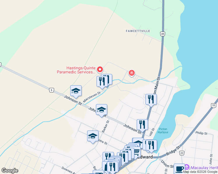 map of restaurants, bars, coffee shops, grocery stores, and more near 11 Macsteven Drive in Prince Edward