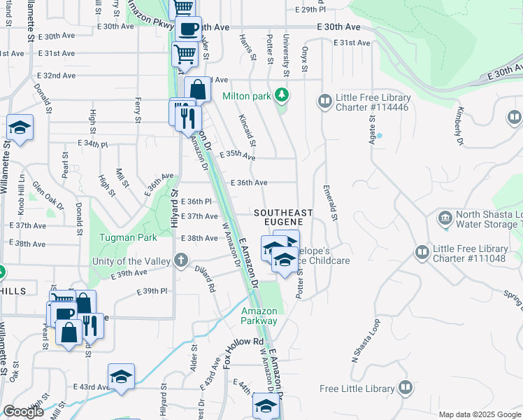 map of restaurants, bars, coffee shops, grocery stores, and more near 3690 Kincaid Street in Eugene