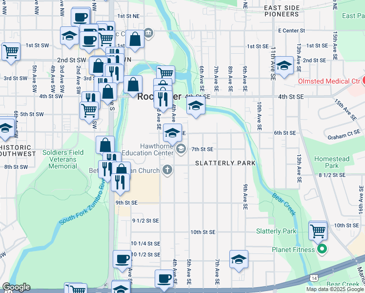 map of restaurants, bars, coffee shops, grocery stores, and more near 415 7th Street Southeast in Rochester
