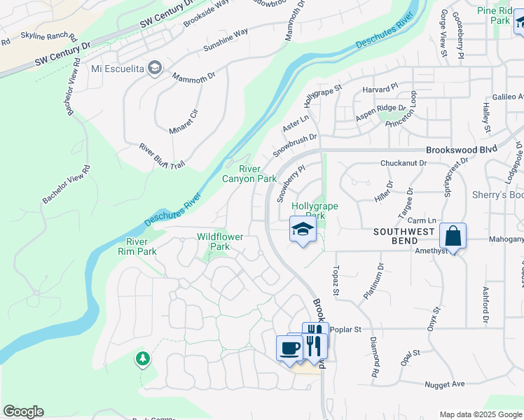 map of restaurants, bars, coffee shops, grocery stores, and more near 60962 Snowbrush Drive in Bend