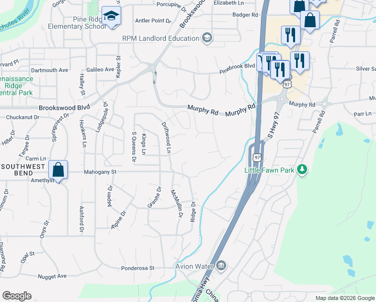 map of restaurants, bars, coffee shops, grocery stores, and more near 19967 Terrace Lane in Bend