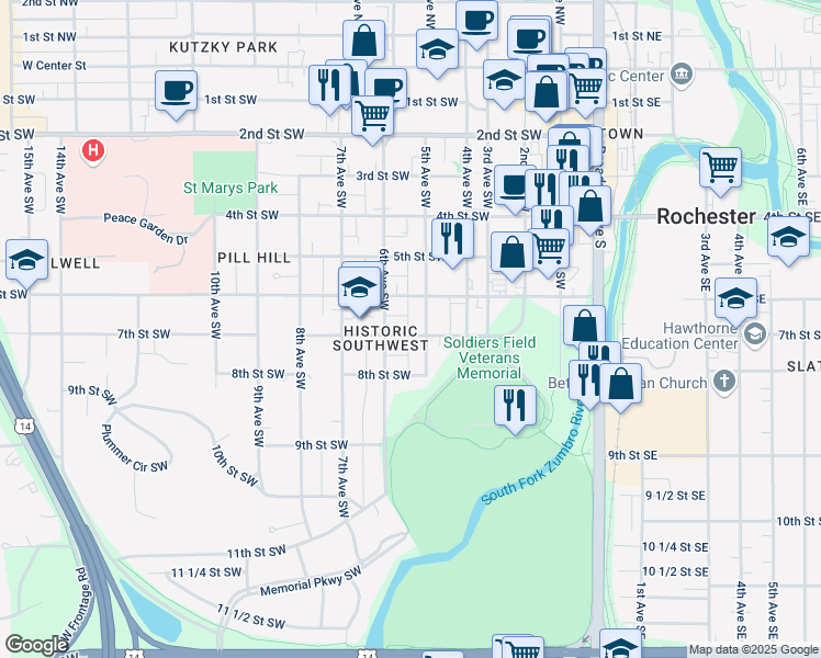 map of restaurants, bars, coffee shops, grocery stores, and more near 511 7th Street Southwest in Rochester