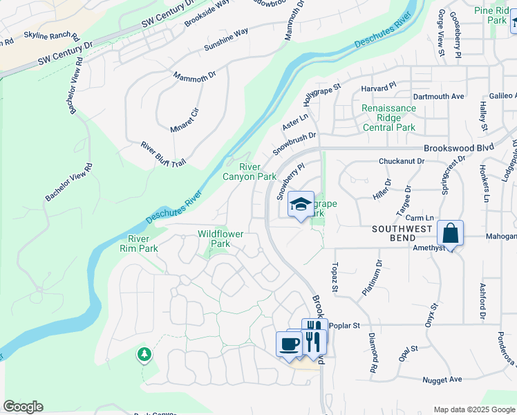 map of restaurants, bars, coffee shops, grocery stores, and more near 60958 Snowbrush Drive in Bend