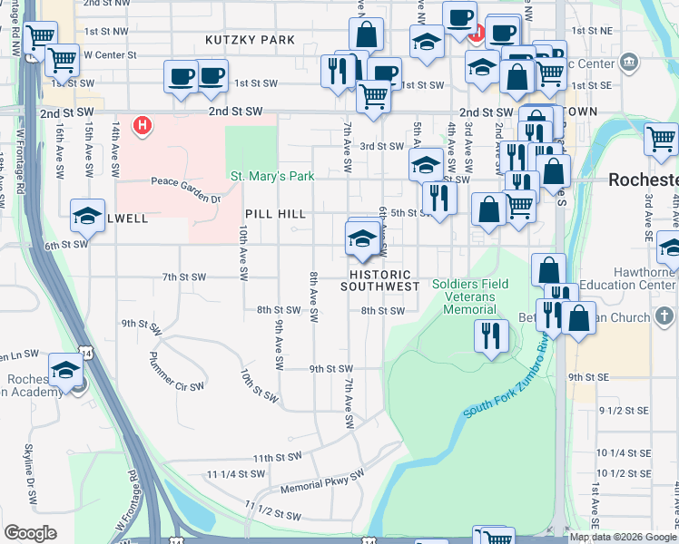 map of restaurants, bars, coffee shops, grocery stores, and more near 703 7th Street Southwest in Rochester