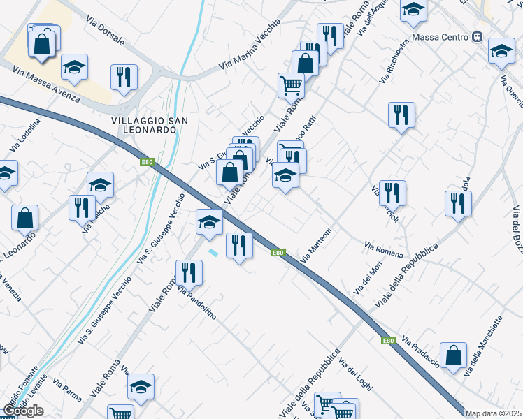 map of restaurants, bars, coffee shops, grocery stores, and more near 5 Via Pietro Maroncelli in Massa