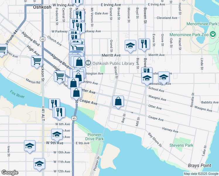 map of restaurants, bars, coffee shops, grocery stores, and more near 409 Waugoo Avenue in Oshkosh