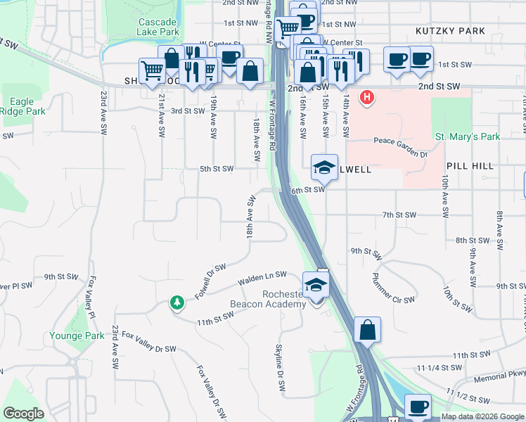 map of restaurants, bars, coffee shops, grocery stores, and more near 1733 7th Street Southwest in Rochester