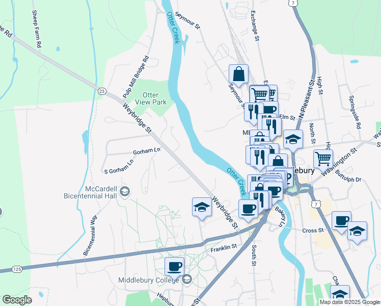 map of restaurants, bars, coffee shops, grocery stores, and more near 388 Weybridge Street in Middlebury