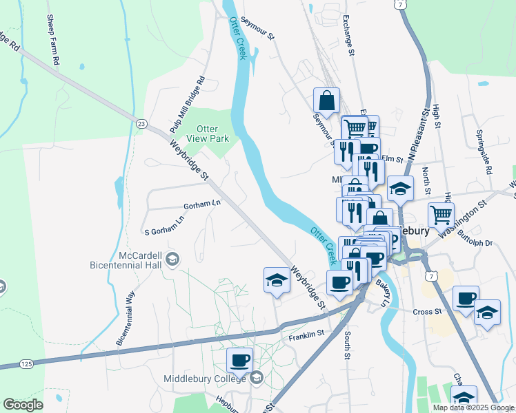 map of restaurants, bars, coffee shops, grocery stores, and more near 388 Weybridge Street in Middlebury