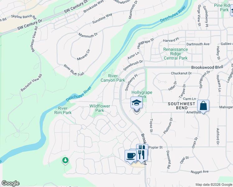 map of restaurants, bars, coffee shops, grocery stores, and more near 60954 Snowbrush Drive in Bend