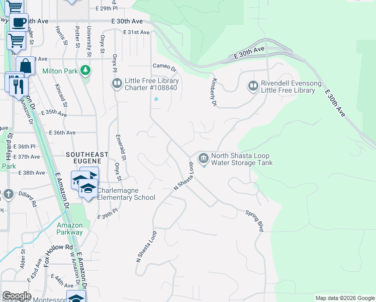 map of restaurants, bars, coffee shops, grocery stores, and more near 3675 Agate Street in Eugene