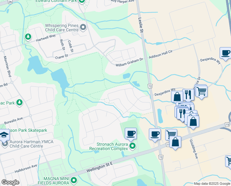 map of restaurants, bars, coffee shops, grocery stores, and more near 149 Conklin Crescent in Aurora