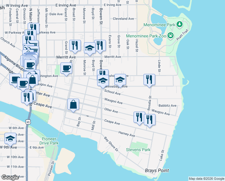 map of restaurants, bars, coffee shops, grocery stores, and more near 912 School Avenue in Oshkosh
