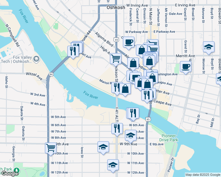 map of restaurants, bars, coffee shops, grocery stores, and more near Oshkosh Riverwalk in Oshkosh