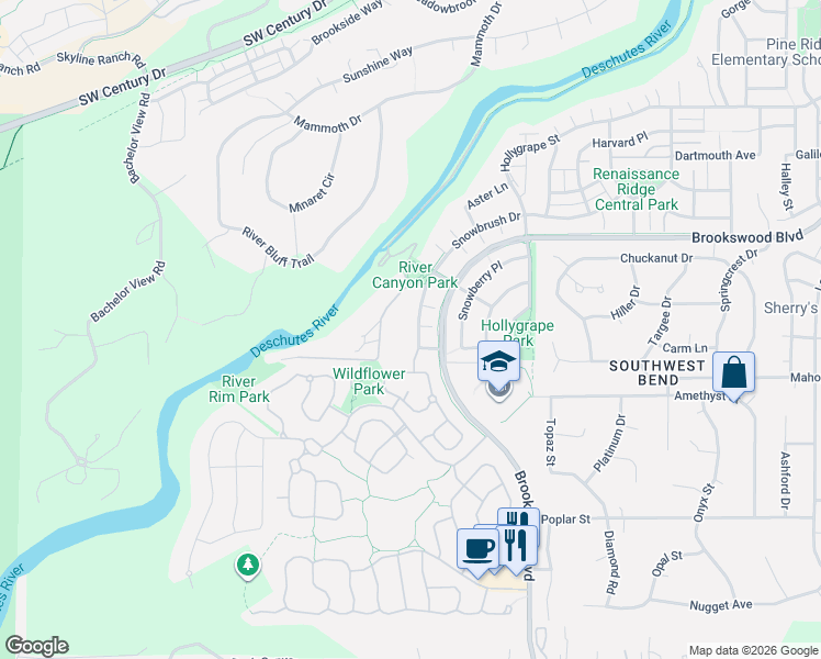 map of restaurants, bars, coffee shops, grocery stores, and more near 60954 Snowbrush Drive in Bend