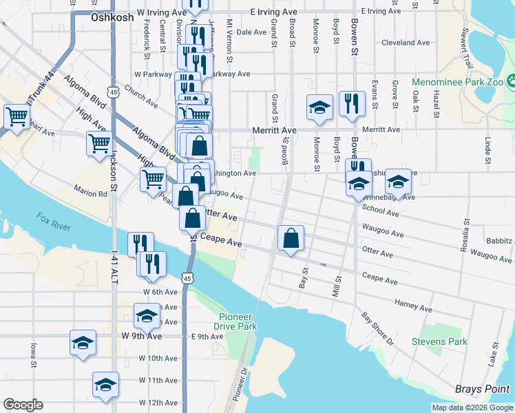 map of restaurants, bars, coffee shops, grocery stores, and more near 403 Waugoo Avenue in Oshkosh
