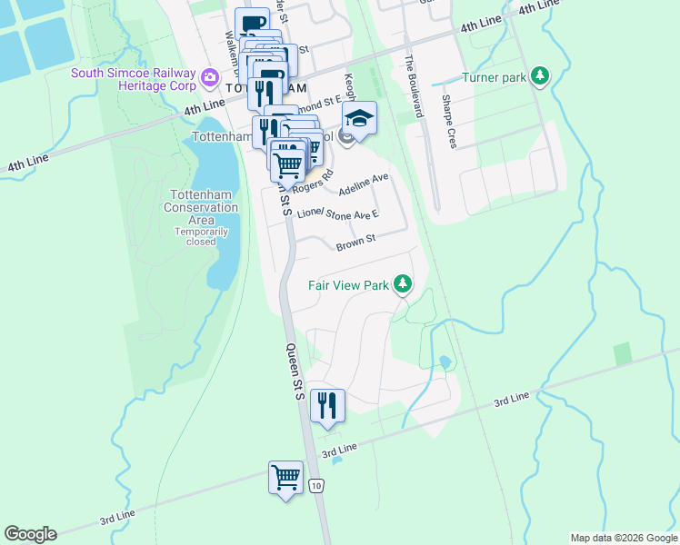 map of restaurants, bars, coffee shops, grocery stores, and more near 74 Pridham Place in New Tecumseth